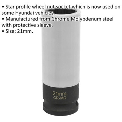 21mm Alloy Wheel Star Profile Impact Socket - 1/2" Sq Drive - For Hyundai