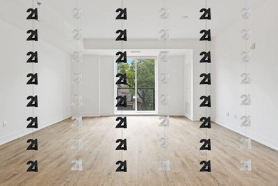 21st Glitz Black Anniversary Birthday Metallic Hanging String Shiny Foil Wall Decorations Pack of 6