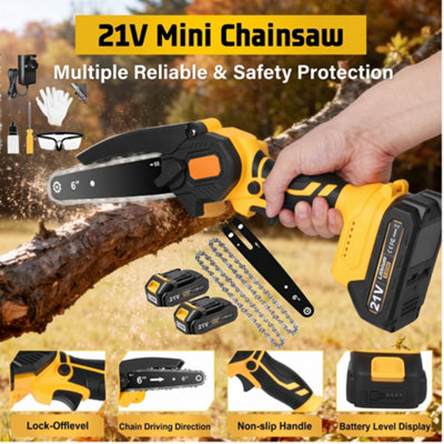 21V 6in Mini Cordless Chainsaw with 2.0Ah 2x Battery, Electric handheld Saw