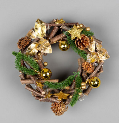 22cm B/O LED Twig Wreath - Gold