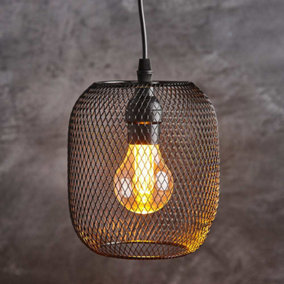 22cm Black Metal Lantern with Edison Bulb - Black Metal Mesh Pendant