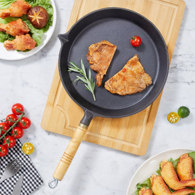 22cm Dia Round Cast Iron Skillet with Removable Wooden Handle, Black