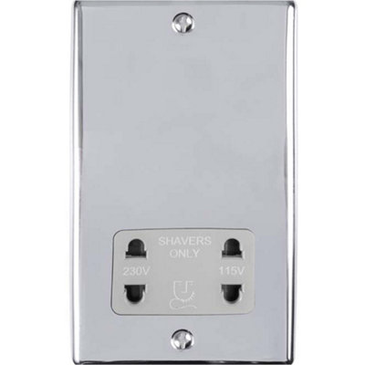 230V & 115V Shaver Twin Socket Wall Plate CHROME & GREY Trim 86mm x 146mm