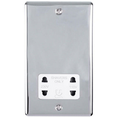 230v & 115v Shaver Twin Socket Wall Plate CHROME & White Trim 86mm x ...