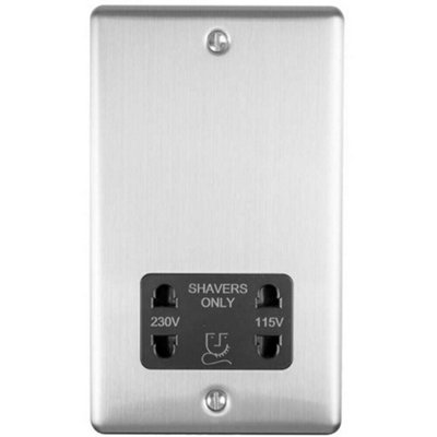 230v & 115v Shaver Twin Socket Wall Plate SATIN STEEL & Black Trim 86mm ...