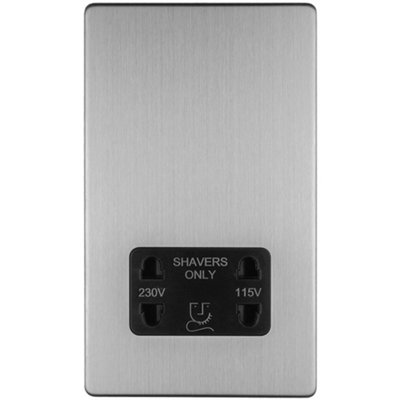 230V & 115V Twin Shaver Socket Wall Plate SCREWLESS SATIN STEEL Bathroom