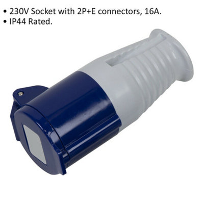 230V Blue Plug Socket - Suitable for 2P+E 16A Connectors - IP44 Rated Site Plug