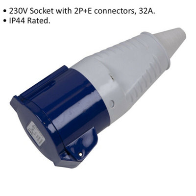 230V Blue Plug Socket - Suitable for 2P+E 32A Connectors - IP44 Rated Site Plug