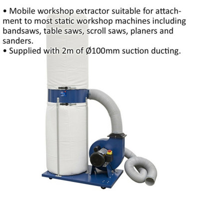 230V Dust & Chip Extractor - 2hp Mobile Workshop Extractor - 2m x 100mm Ducting