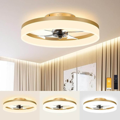 B&Q 17.7In Low Profile Flush Mount Ceiling Fan With Lights & Remote, Modern Gold Fandelier, Smart Led Fan Light For Bedroom