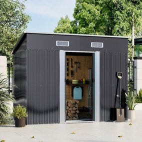 238cm W Charcoal Black Steel Outdoor Garden Storage Shed Tool Shed with Double Doors, 8 x 4 ft