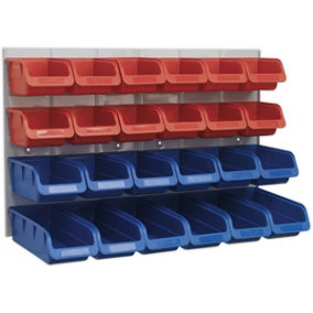 24 Assorted Red & Blue Plastic Storage Bin & Wall Panel Warehouse Picking Trays