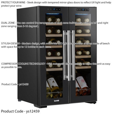 24 Bottle Dual Zone Freestanding Wine Cooler Fridge - LED Backlit BLACK & GLASS