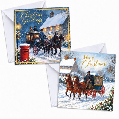 24 Christmas Cards With Envelopes Coach and Horses 2 Designs