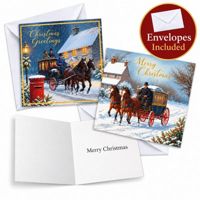 24 Christmas Cards With Envelopes Coach and Horses 2 Designs