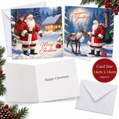 24 Christmas Cards With Envelopes Father Christmas and Reindeer