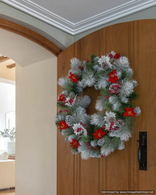 24" Decorative Collection Wreath Snowy with Berries, Snowflakes & Poinsettia