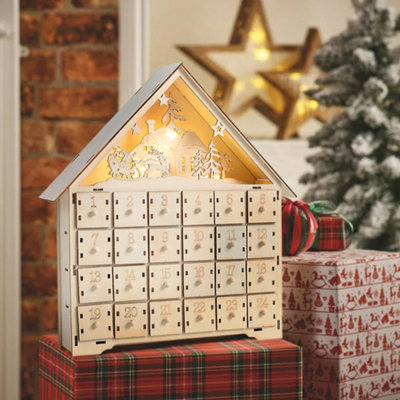 24 Drawers Pre Lit Wooden Christmas House Advent Calendar Xmas Tabletop Decor with LED Lights