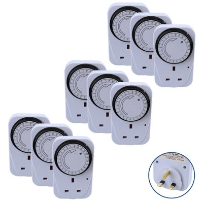 24 Hour Mains 3 Pin Plug In Timer Sockets Clock Energy Saving Lamps Lights 9pc