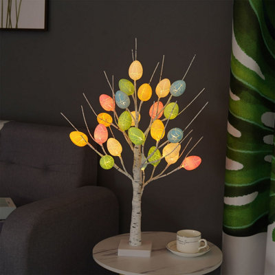 Easter Decorations 24 Inch Pre-lit White Birch Tree With Egg Ornaments, Battery Operated 24 Warm White LED Lights Table Centerpiece for Home Spring