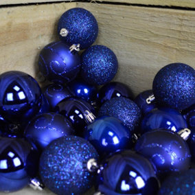 24 Pack 60mm Multi Finish Shatter Proof Christmas Tree Baubles - Midnight Blue