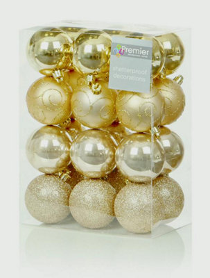 24 Pack Multi Finish Baubles - Christmas Tree Decorations  - Glitter & Shiny - Gold