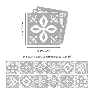 24 Pieces 15x15cm Andalu Light Grey Cement Spanish Wall Tile Sticker Set Tile Stickers