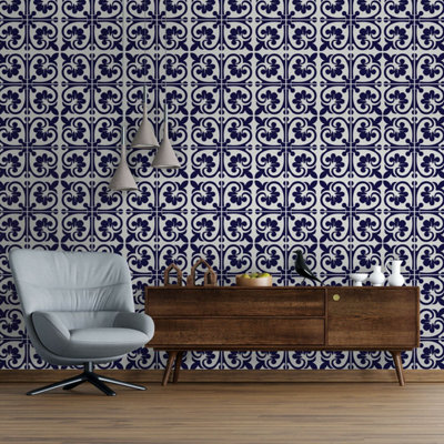 24 Pieces 15x15cm Betsy Monocromatic Dark Blue Victorian Tile Stickers