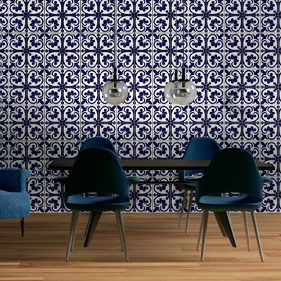 24 Pieces 15x15cm Betsy Monocromatic Dark Blue Victorian Tile Stickers - 3