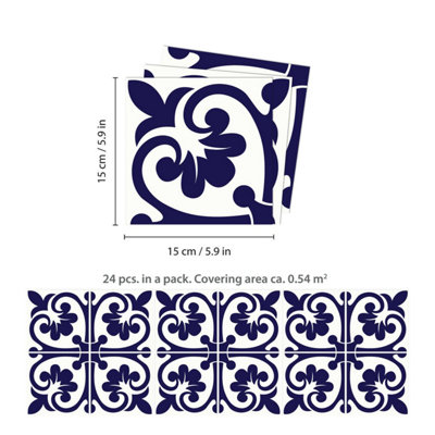 24 Pieces 15x15cm Betsy Monocromatic Dark Blue Victorian Tile Stickers - 7