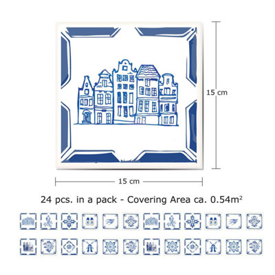 24 Pieces 15x15cm Dutch Blue Tile Stickers