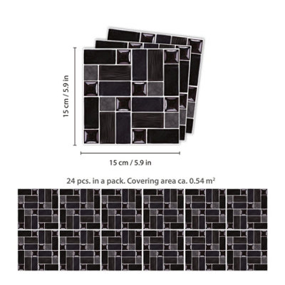 24 Pieces 15x15cm Glossy Black Porcelain Mosaic Tile Stickers - 6