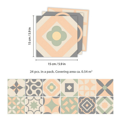 24 Pieces 15x15cm Kansas Baby Rose and Pastel Green Tile Stickers - 5