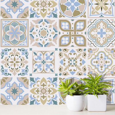 24 Pieces 15x15cm Light Sapphire and Parchment Traditional Spanish Tile Stickers