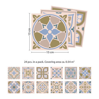 24 Pieces 15x15cm Light Sapphire and Parchment Traditional Spanish Tile Stickers