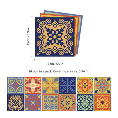 24 Pieces 15x15cm Mara Colourful Mix Mediterranean Tile Stickers - 5