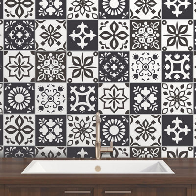 24 Pieces 15x15cm Marjorelle Black and White Moroccan Tile Stickers