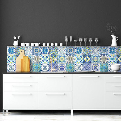 24 Pieces 15x15cm Mediterranean Sky Classic Blue Mosaic Tile Stickers
