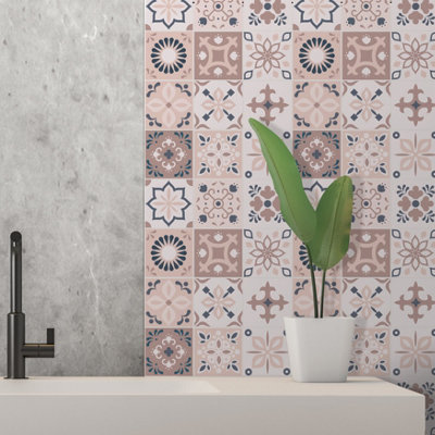 24 Pieces 15x15cm Menara Pink and Grey Cement Moroccan Tile Stickers - 3