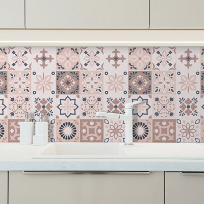 24 Pieces 15x15cm Menara Pink and Grey Cement Moroccan Tile Stickers - 4