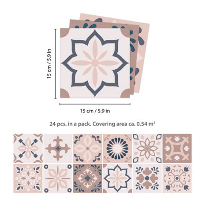 24 Pieces 15x15cm Menara Pink and Grey Cement Moroccan Tile Stickers - 5