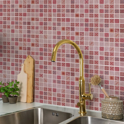 24 Pieces 15x15cm Pink Marble Vintage Azulejo Mosaic Tile Stickers - 3