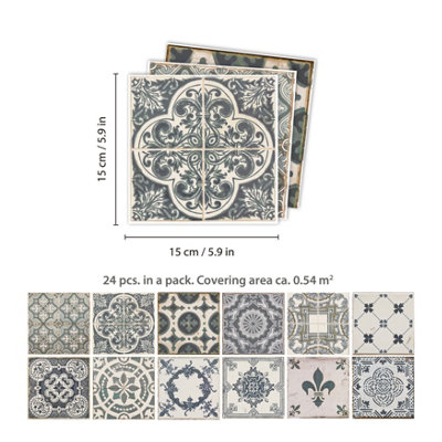 24 Pieces 15x15cm Vintage Blue Tile Stickers - 6