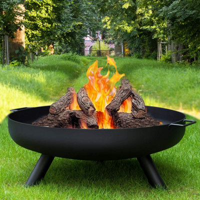 Fire Pit Bowl, 30-Inch Deep Round Carbon Steel Fire Bowl, Wood Burning for Outdoor Patios, Backyards & Camping Uses, with A Drain Hole, Portable Handles and A Firewood Stick, Brown