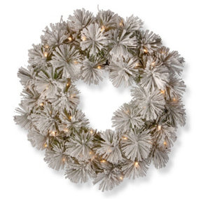 24" Snowy Bristle Pine Wreath 50 Warm White LED Lights B/O w/ Timer