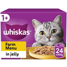 24 x 400g Whiskas 1+ Adult Wet Cat Food Tins Mixed Farm Menu in Jelly