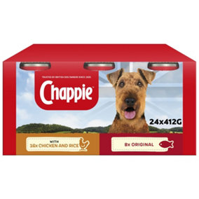 24 x 412g Chappie Adult Wet Dog Food Tins Favourites Original & Chicken & Rice