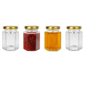 24 x Clear Hexagonal 7oz (190.0 Millilitres) Airtight Glass Jam Jars With Gold Twist Top Lids For Jams, Honey & Sweets