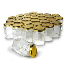 24 x Clear Hexagonal 9oz (280.0 Millilitres) Airtight Glass Jam Jars With Gold Twist Top Lids For Jams, Honey & Sweets