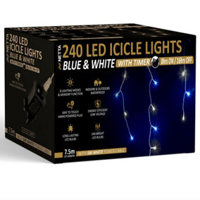 240 LED Icicle Lights 7.5M Indoor/Outdoor Christmas Lights with White Cable - Blue & Cool White
